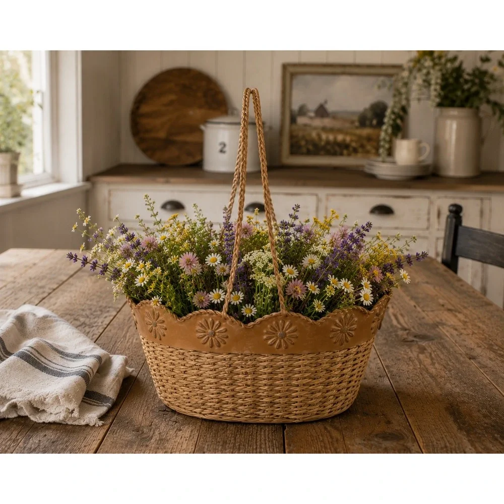 Vintage Woven Wicker and Metal Harvest Basket Scalloped Daisy Rim Mesh Bottom